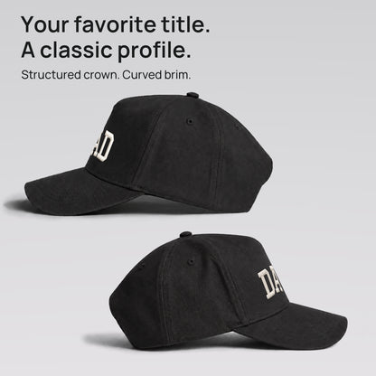 Both side profiles of the black DAD cap. Structured crown and curved brim.
