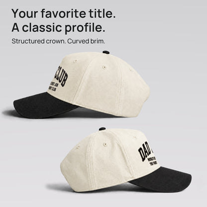 Both side profiles of the cream and black Dad Club cap. Structured crown and curved brim.