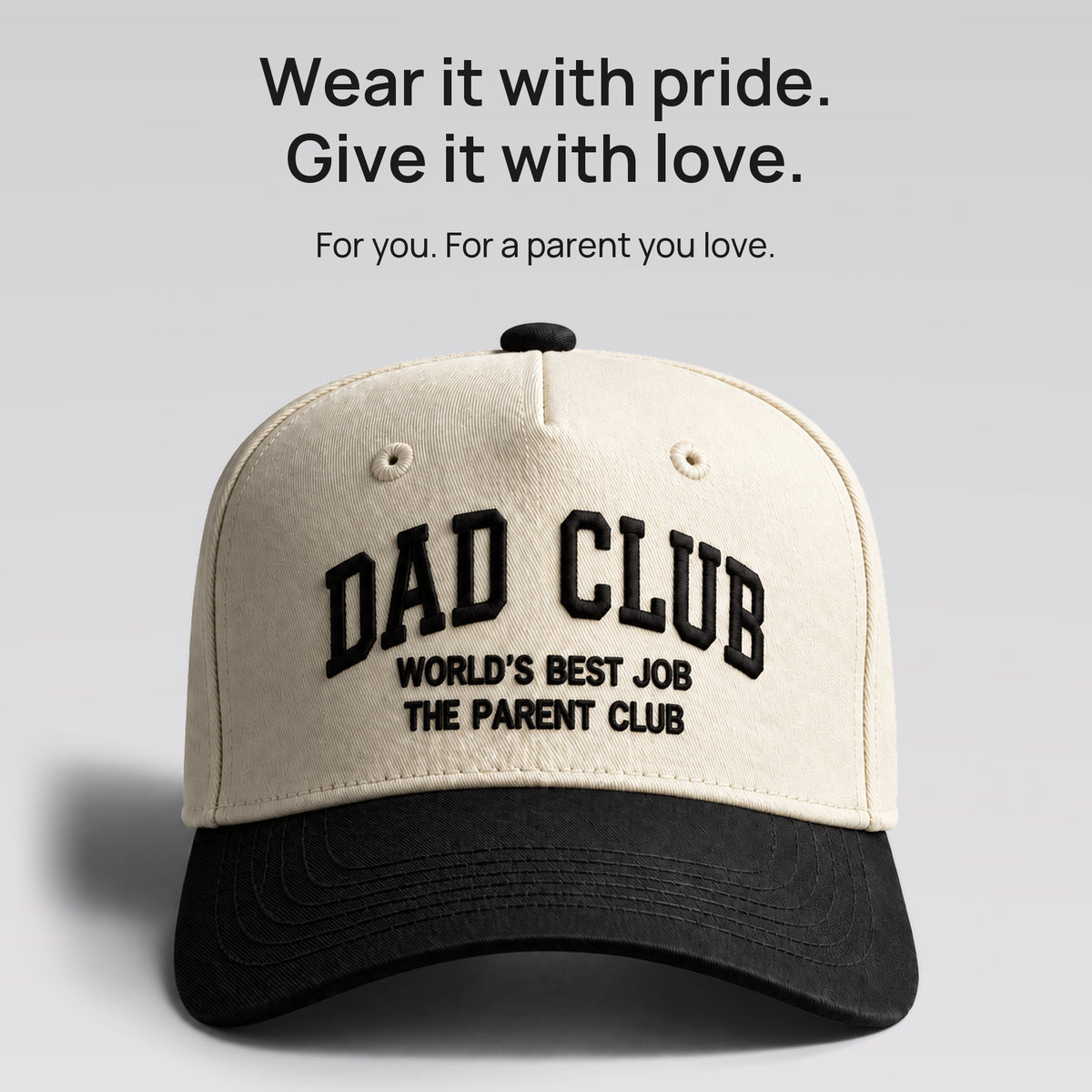 Cream and black Dad Club cap. Wear it with pride. Give it with love. For you, or a parent you love.