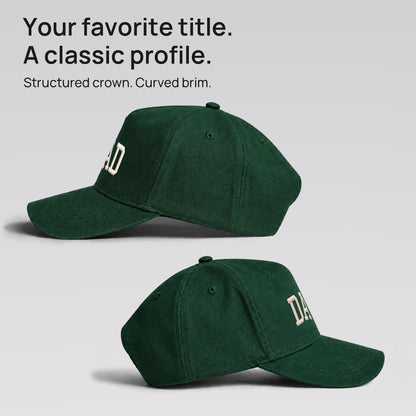 Both side profiles of the green DAD cap. Structured crown and curved brim.