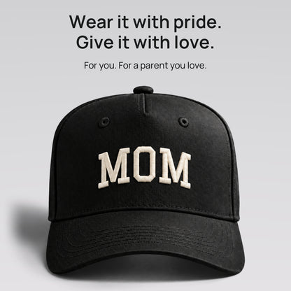 Black MOM cap with ivory embroidery. Wear it with pride. Give it with love. For you, or a parent you love.