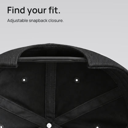 Close detail of the black Mom Club cap’s adjustable snapback closure. Find your fit.