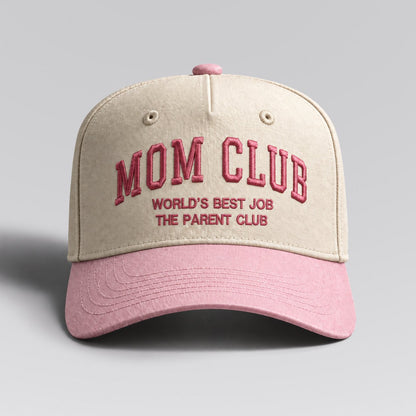 Mom Club hat in Cream / Pink by The Parent Club. Front studio view with wider framing.