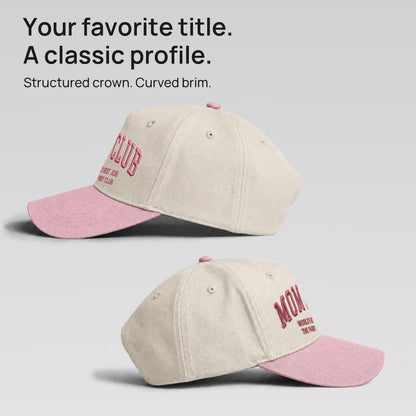 Both side profiles of the cream and pink Mom Club cap. Structured crown and curved brim.