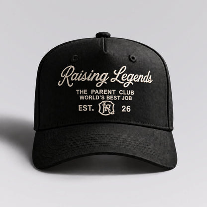Raising Legends hat in Black by The Parent Club. Front studio view with wider framing.