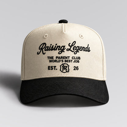 Raising Legends hat in Cream / Black by The Parent Club. Front studio view with wider framing.