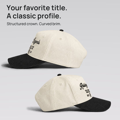 Both side profiles of the cream and black Raising Legends cap. Structured crown and curved brim.