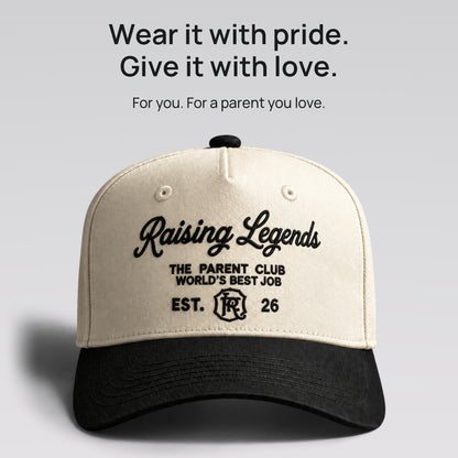 Cream and black Raising Legends cap. Wear it with pride. Give it with love. For you, or a parent you love.