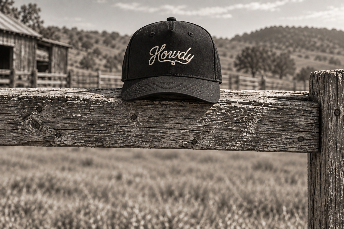 Black Western Rodeo Howdy cap resting on a weathered ranch fence