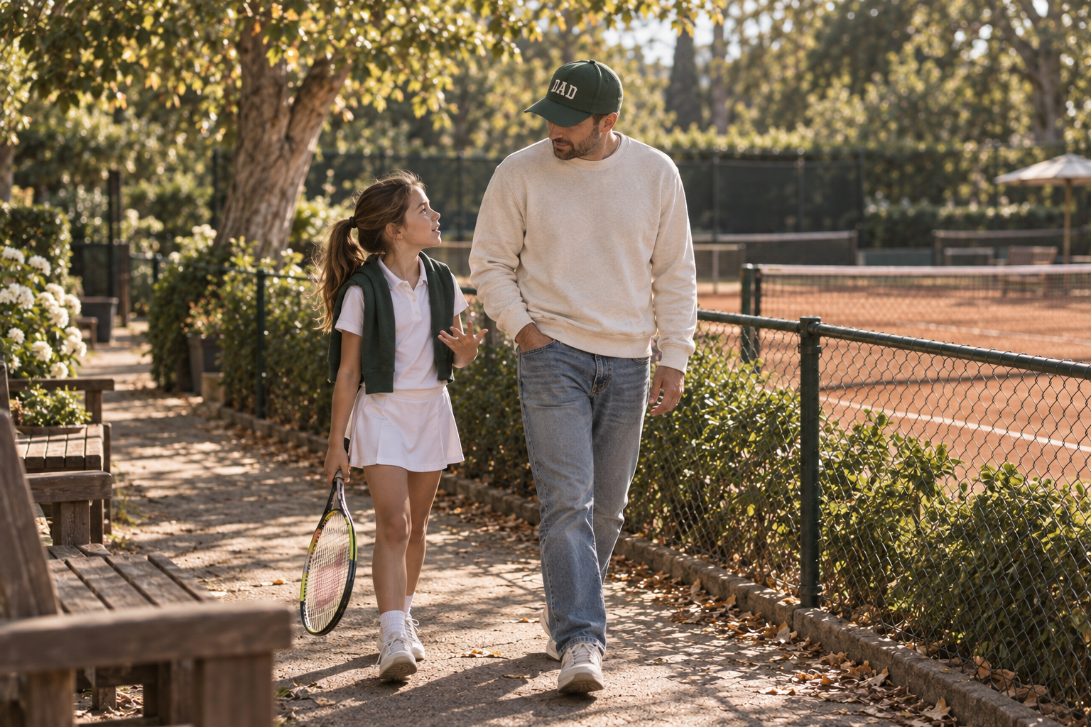 A father in a green DAD cap walking with his daughter after tennis