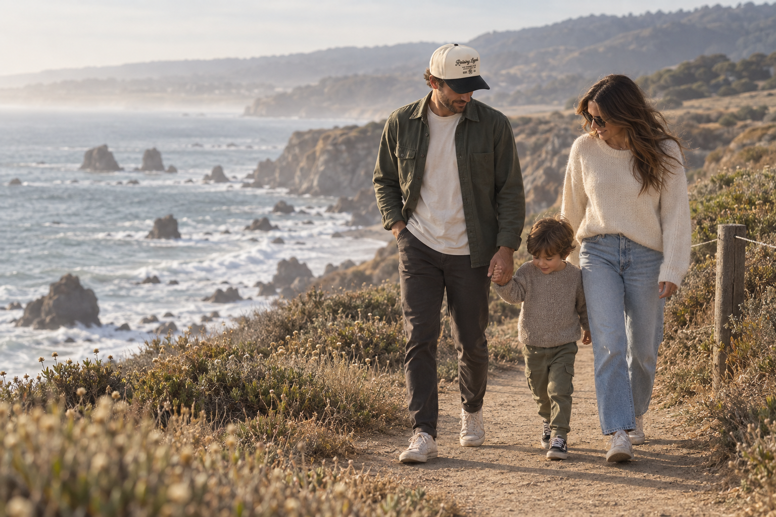 A family walking a quiet California coastal trail