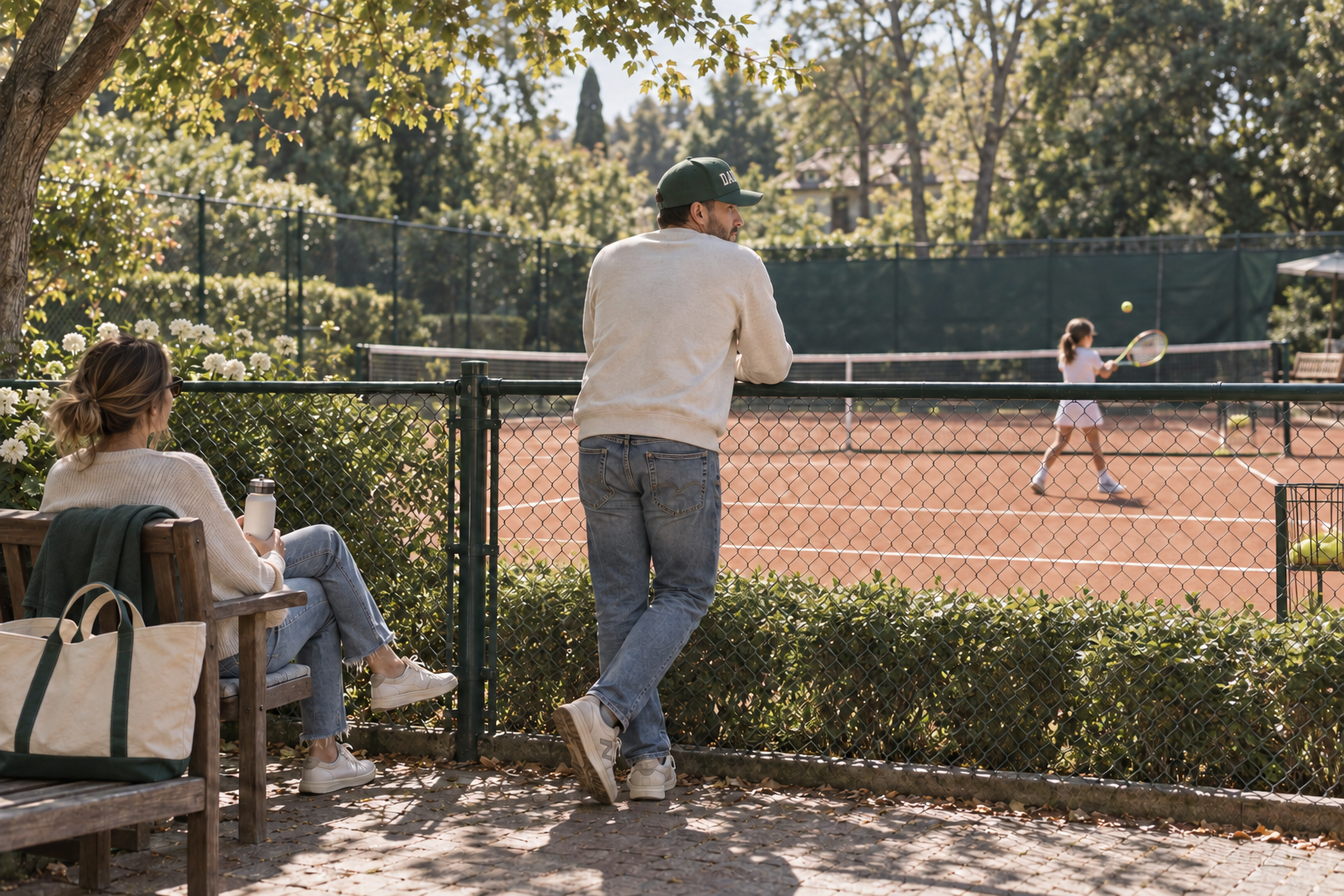 A family spending Saturday beside a neighborhood tennis court