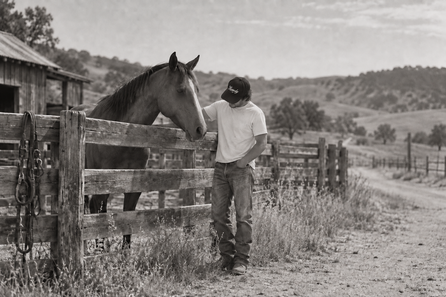 Black-and-white ranch detail featuring the Western Rodeo Howdy cap