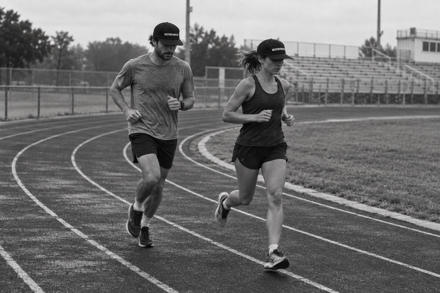 Black-and-white training session on a running track in Western Run Club caps