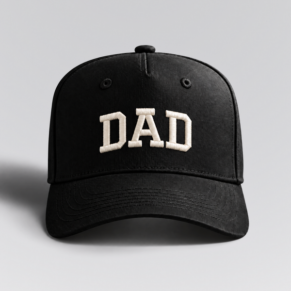 DAD hat in Black by The Parent Club. Front studio view with wider framing.