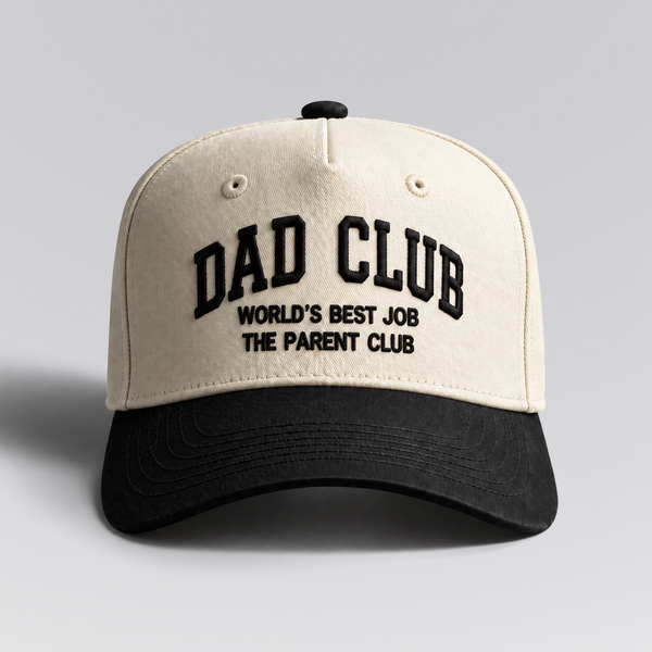 Dad Club hat in Cream / Black by The Parent Club. Front studio view with wider framing.